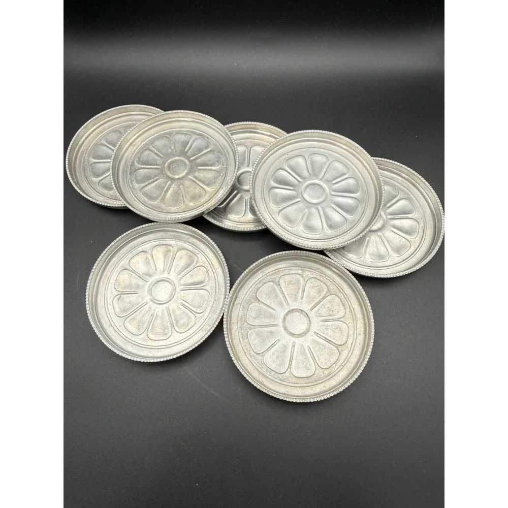 Vintage Set 7 Coasters & Holder MID-CENTURY Hand Forged Aluminum Daisy Motif MCM
